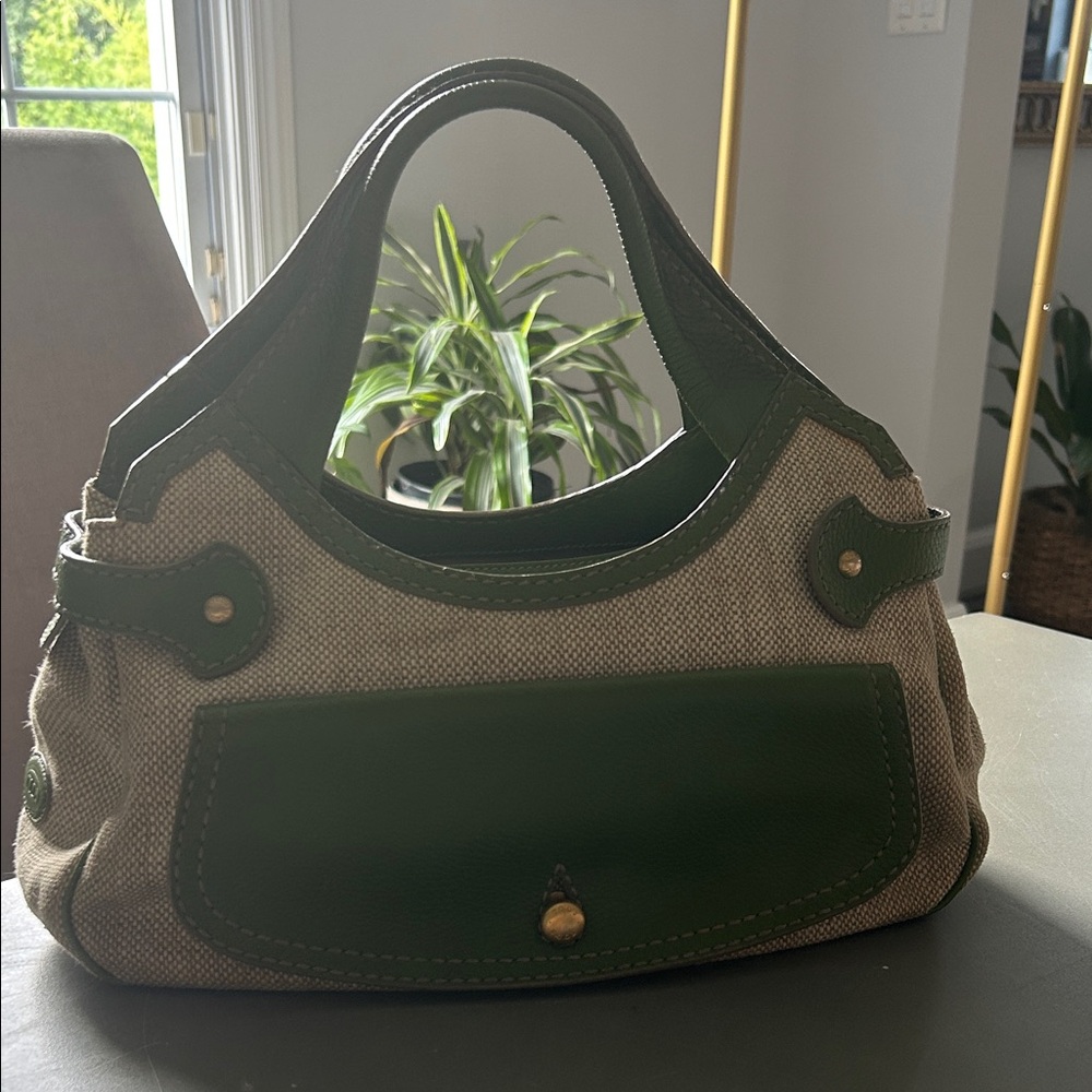 Tod's Beige Canvas Shoulder Bag with Green Trim get